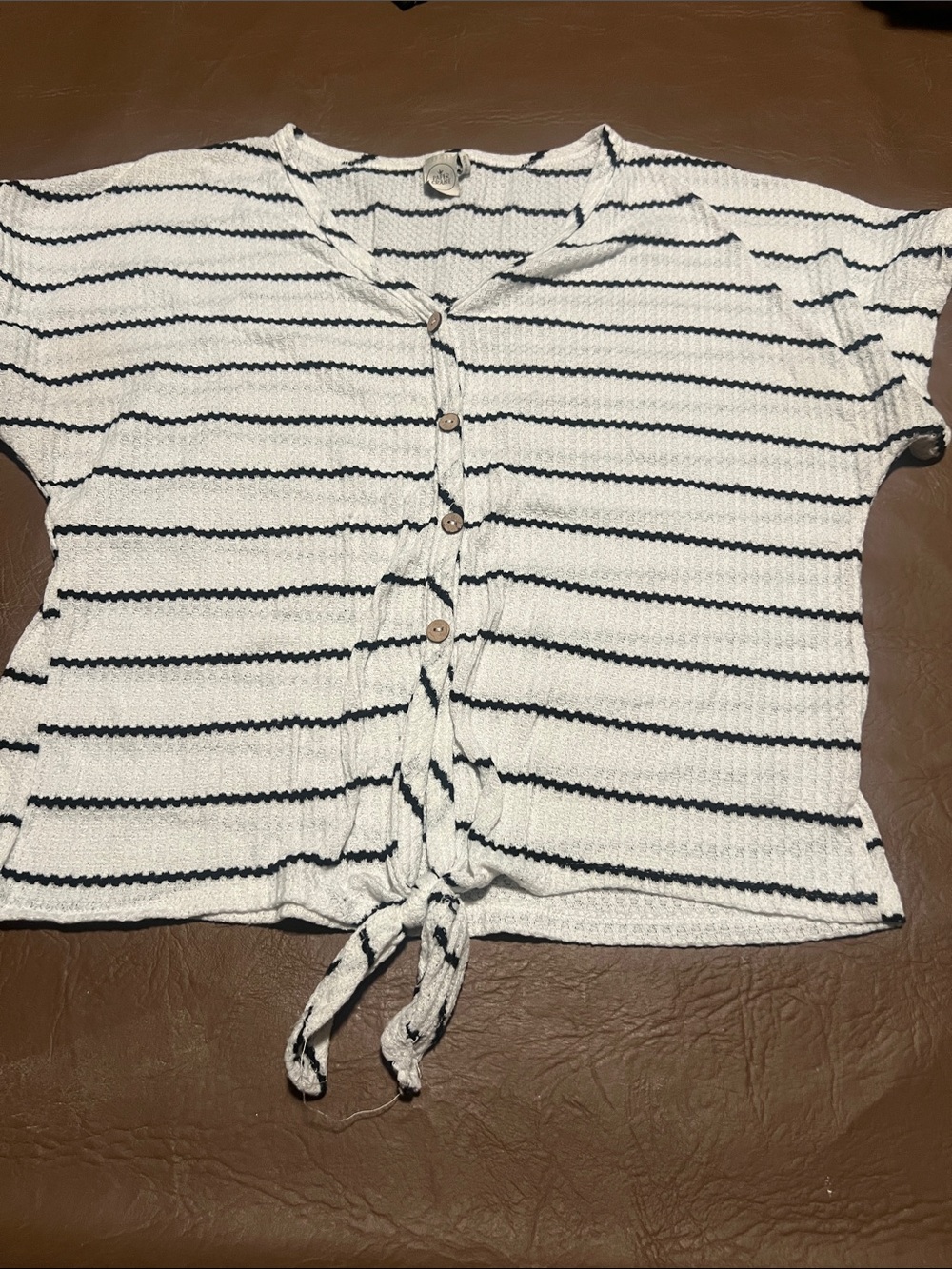 Paper Crane White & Black Striped Tie-Front Button Top
